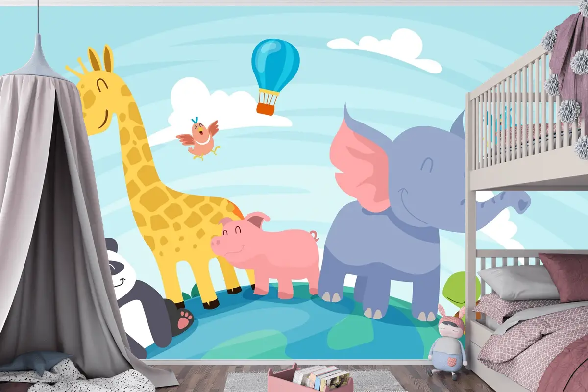Düz Dünya Hayvan Günü Arka Plan Çocuk Odası Duvar Kağıdı 