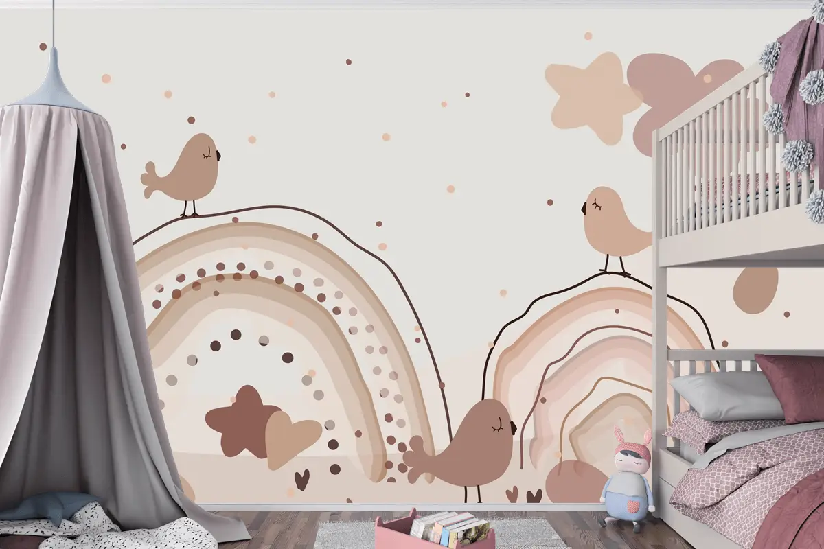 Suluboya Gökkuşağı Mutlu Paskalya Bej Çocuk Odası Duvar Kağıdı