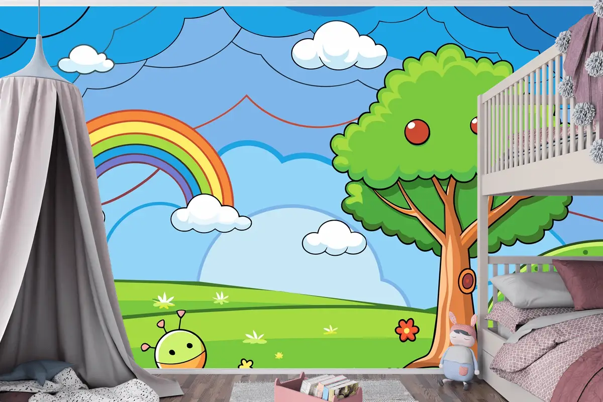 Çocuk Odası Duvar Kağıdı Nde Ağaç Ve Gökkuşağının Bulunduğu Renkli Bir Gökkuşağı Çizimi