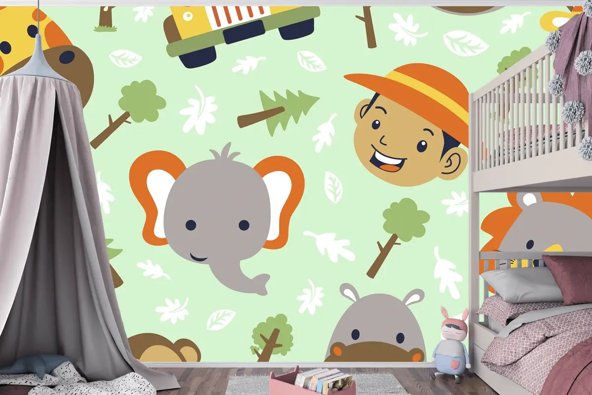 Komik Safari Hayvanları Kafa Karikatürü Ve Kusursuz Desenli Küçük Çocuk Kafası Çocuk Odası Duvar Kağıdı