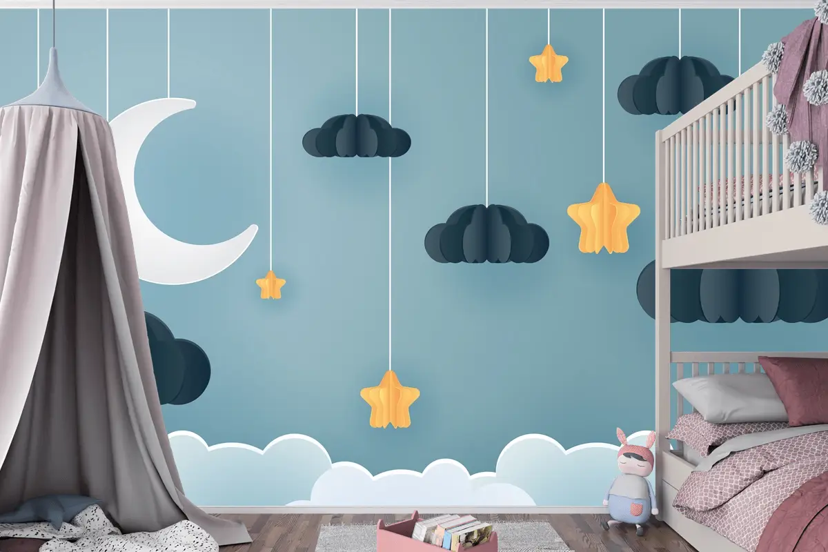 Gece Çocuk Odası Duvar Kağıdı  Ile Ay Ve Yıldızdaki Aile