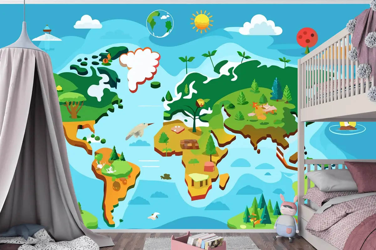 Farklı Ağaç Türleriyle Dünya Haritası İnteraktif Dünya Haritası Çocuk Odası Duvar Kağıdı