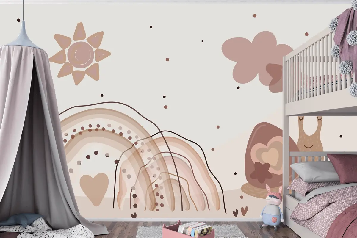 Suluboya Gökkuşağı Ve Salyangoz Bej Çocuk Odası Duvar Kağıdı