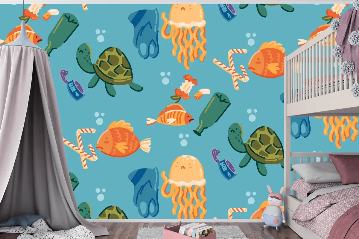 Elle Çizilmiş Okyanusları Kurtar Desen Çocuk Odası Duvar Kağıdı 