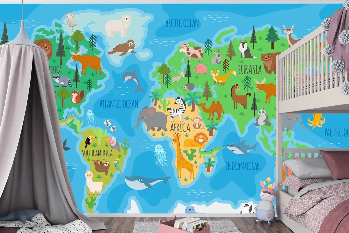 Orman Hayvanları Çocuk Odası Duvar Kağıdı Ile Çocuk Odası İçin Karikatür Dünya Haritası
