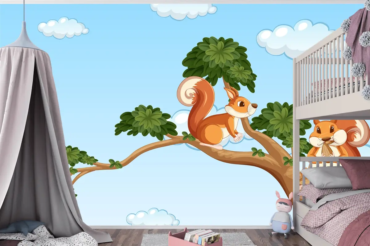 Daldaki İki Sincap Çocuk Odası Duvar Kağıdı