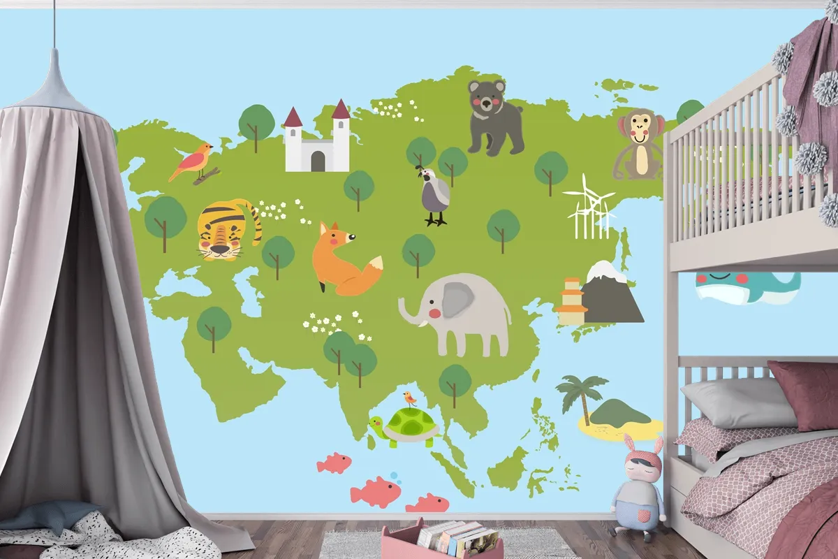 Yaban Hayatı Habitatlarının Çizim Stili Seti Çocuk Odası Duvar Kağıdı