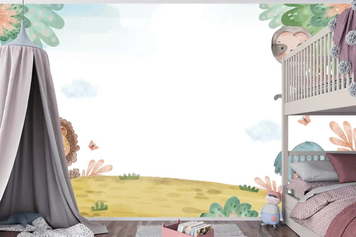 Suluboya Yaban Hayatı Arka Plan Çocuk Odası Duvar Kağıdı 