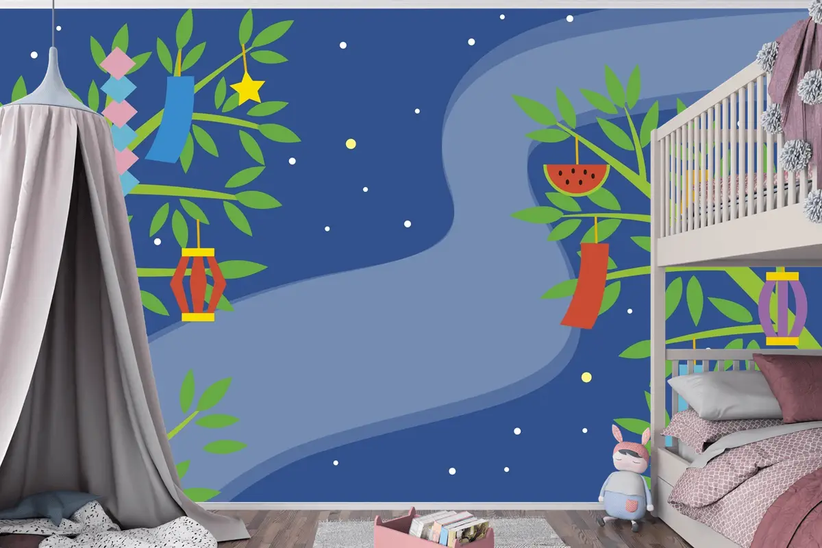 Dallarda Süslemeli Düz Tanabata Arkaplan Çocuk Odası Duvar Kağıdı