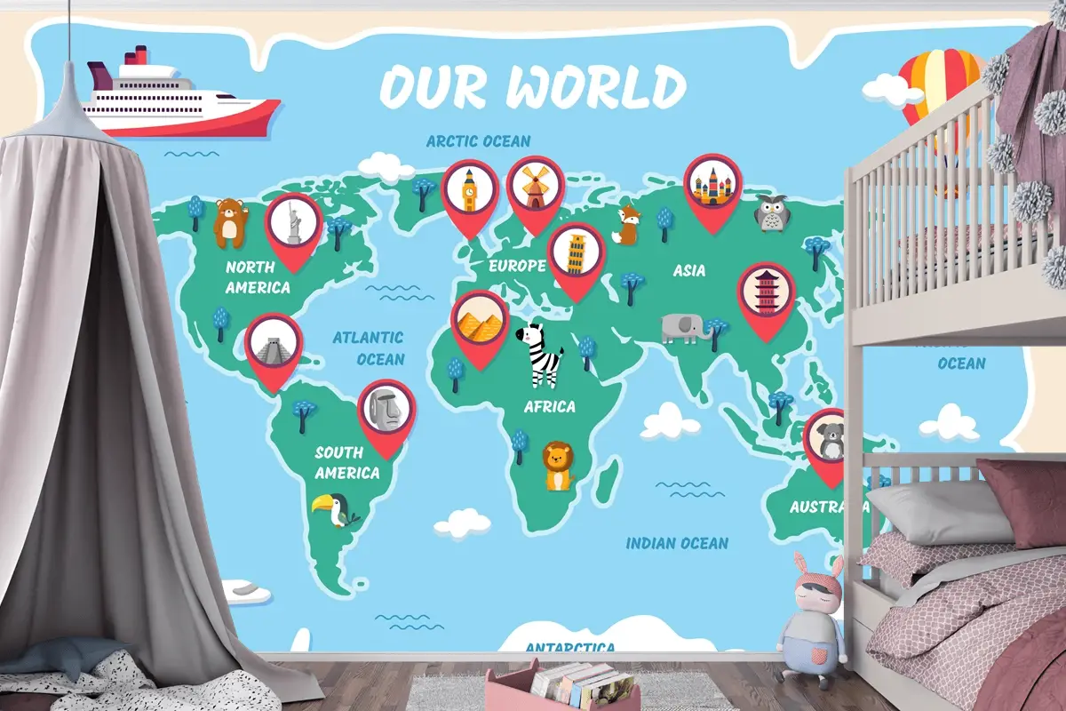 Elle Çizilmiş Çocuk Haritası Çocuk Odası Duvar Kağıdı