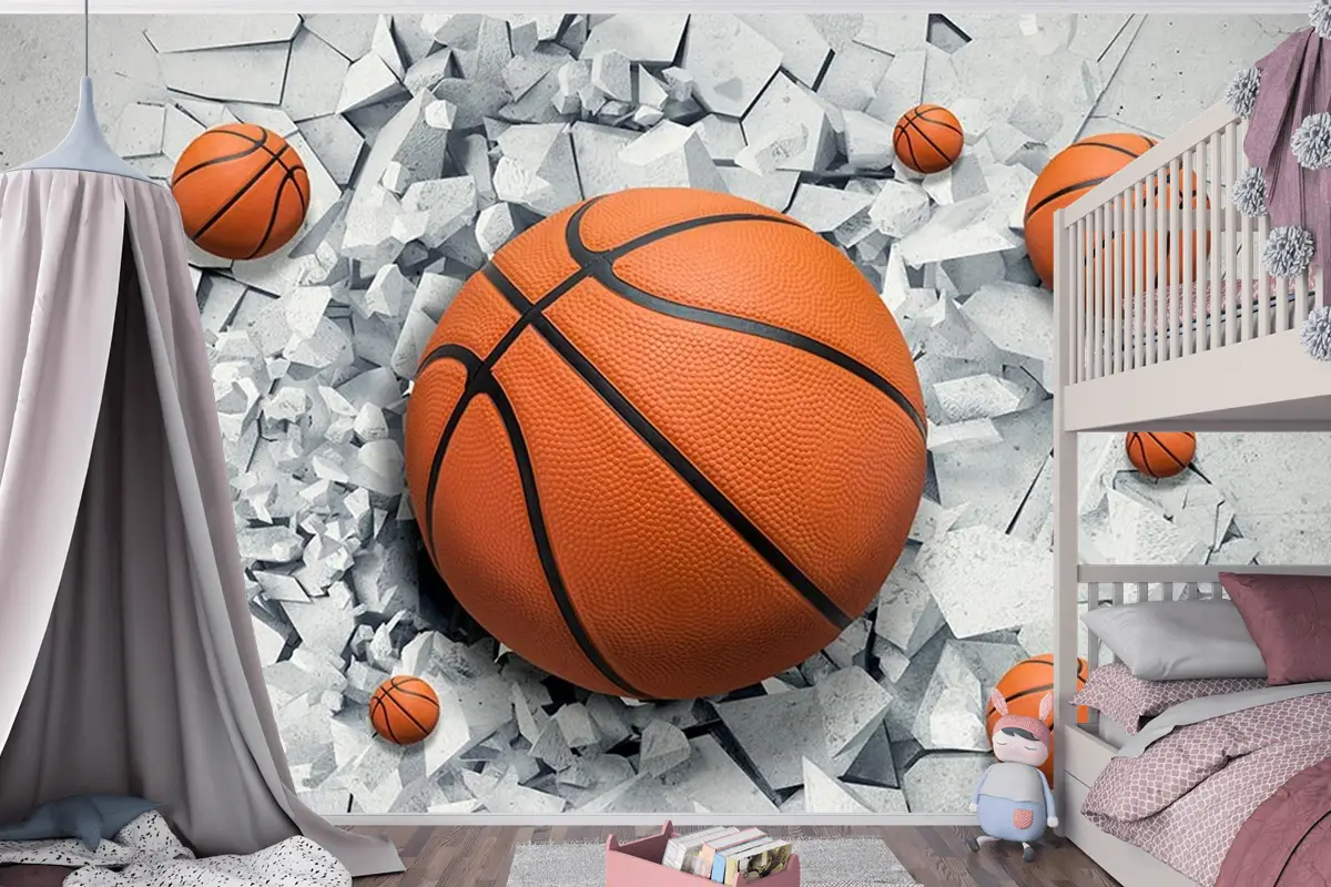 3 Boyutlu Çatlak Duvar Içinde Basketbol Topu Çocuk Odası Duvar Kağıdı