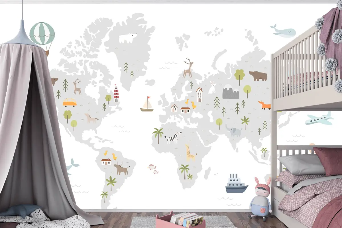 Hayvan Evleri Doğa Elemanları Çocuk Odası Duvar Kağıdı Ile Dünya Haritası