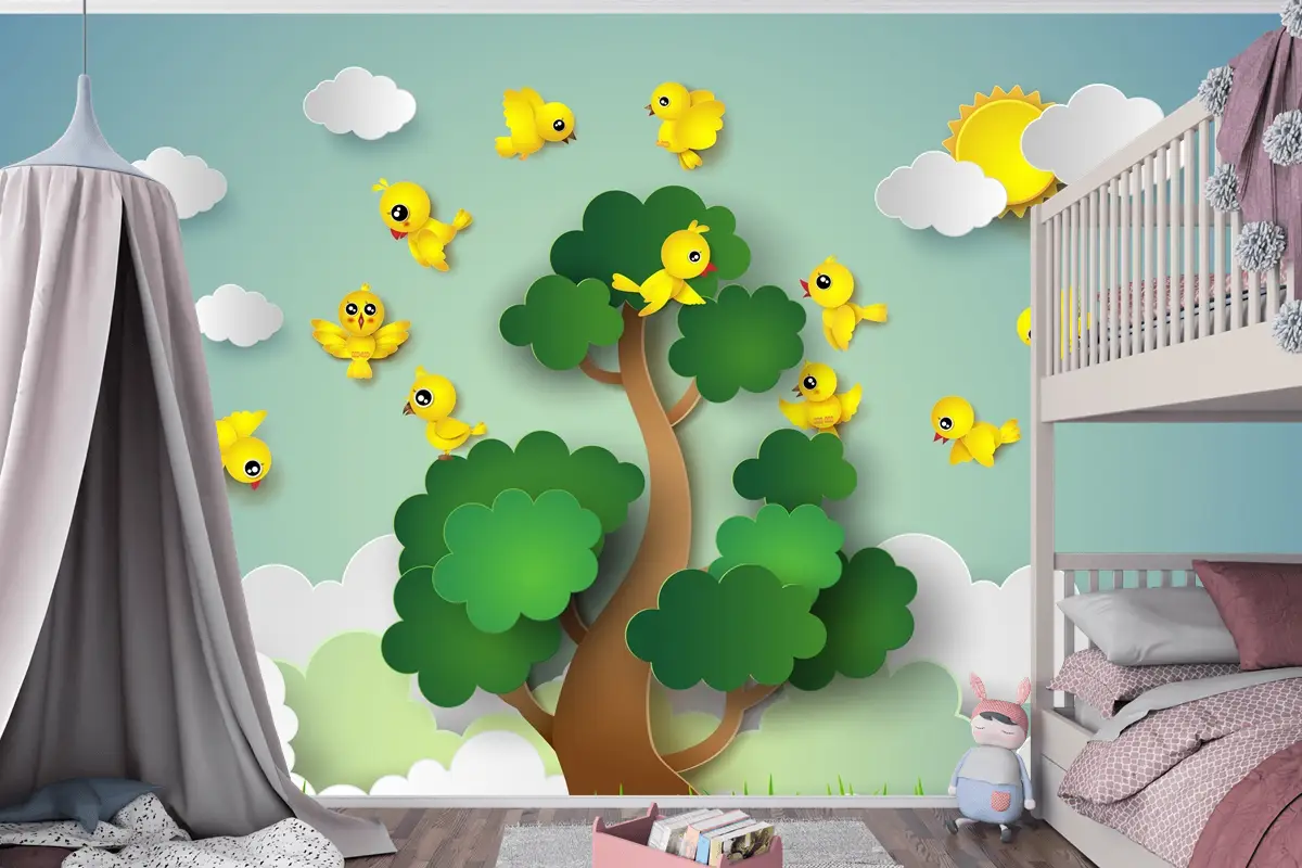 Ağacın Etrafında Uçan Kuş Çocuk Odası Duvar Kağıdı