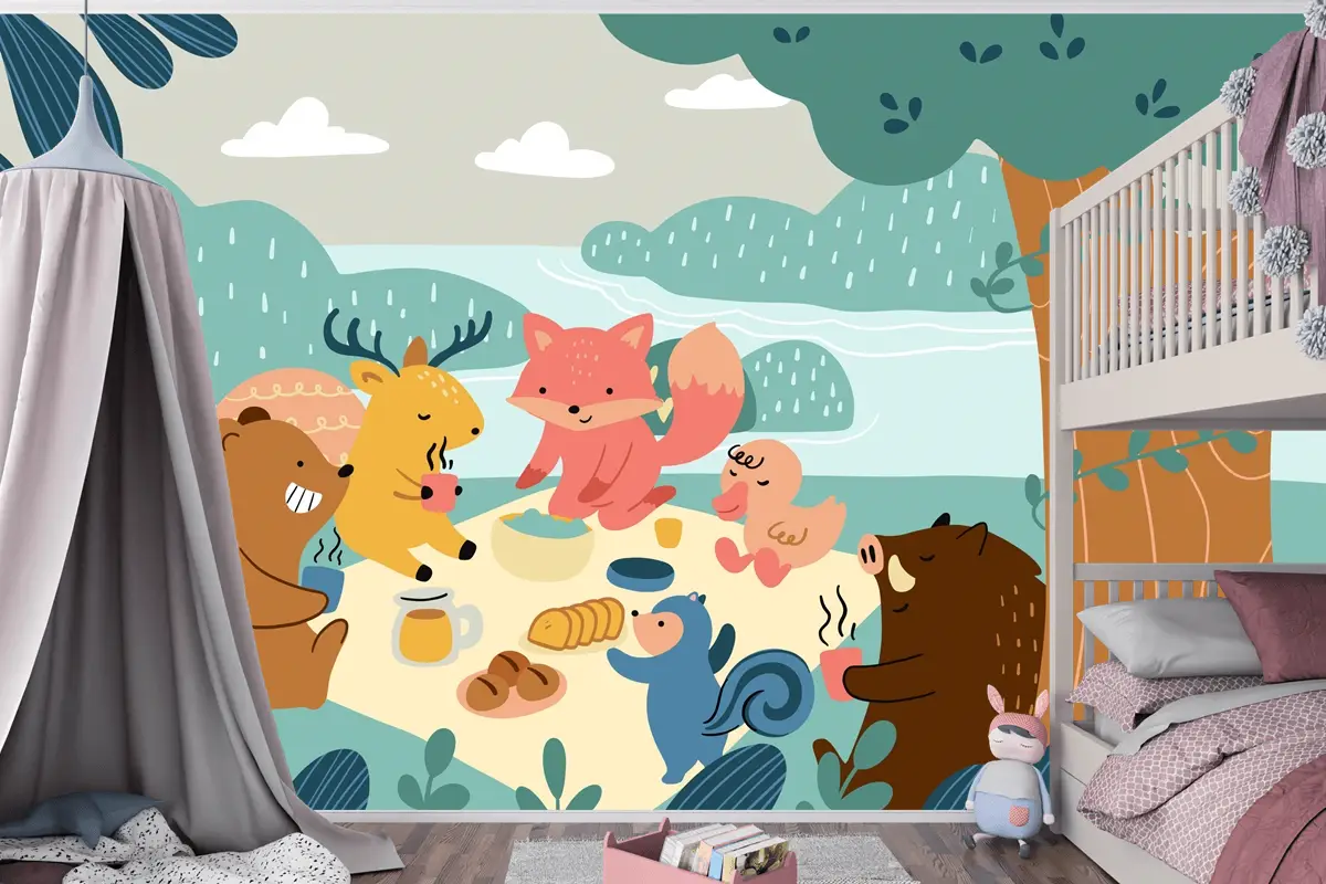 Düz Dünya Hayvan Günü Çocuk Odası Duvar Kağıdı 