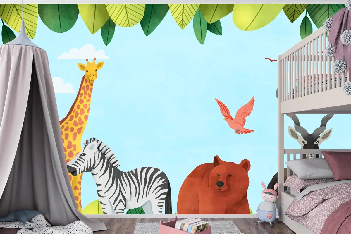 Suluboya Dünya Hayvan Günü Arka Plan Çocuk Odası Duvar Kağıdı 