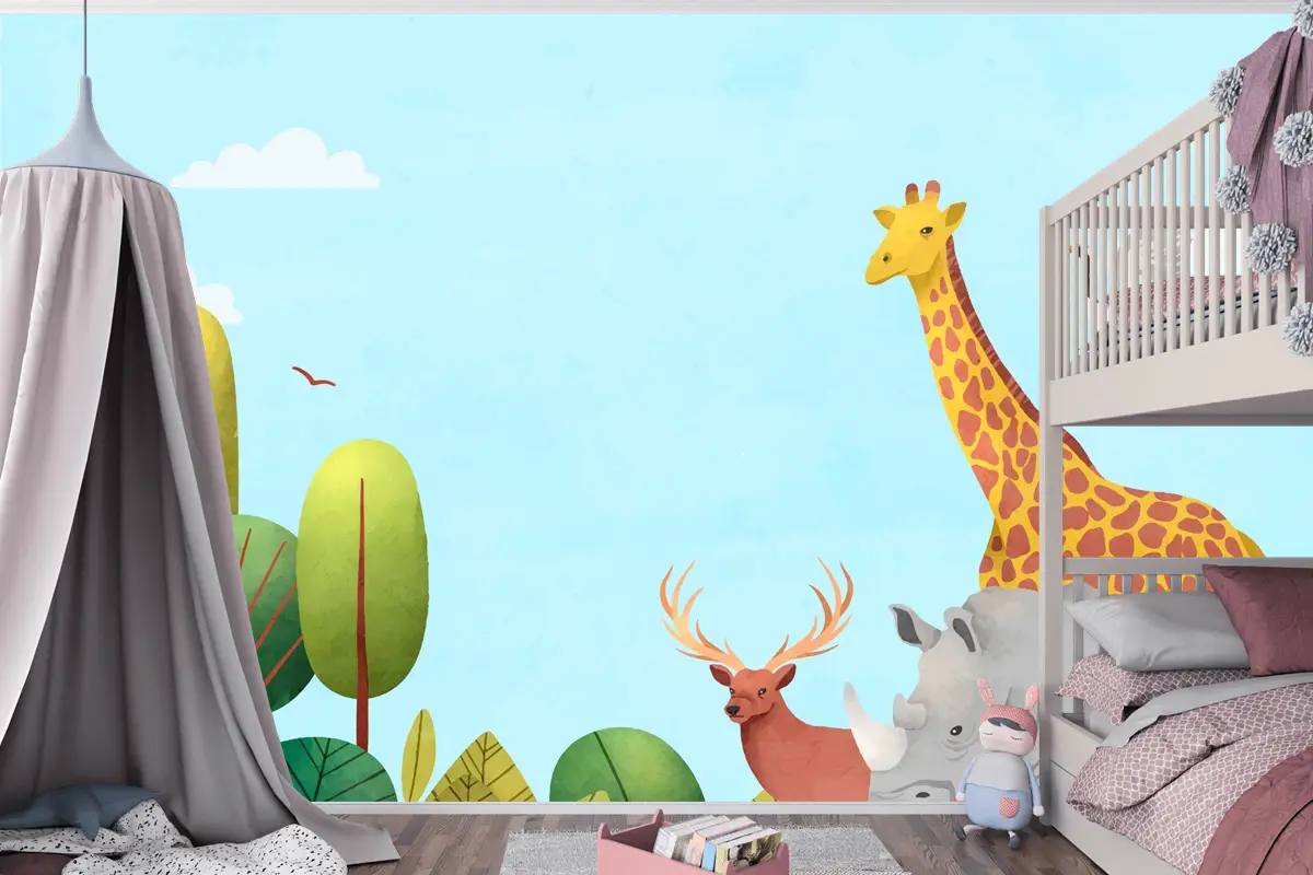 Suluboya Dünya Hayvan Günü Arka Plan Çocuk Odası Duvar Kağıdı 
