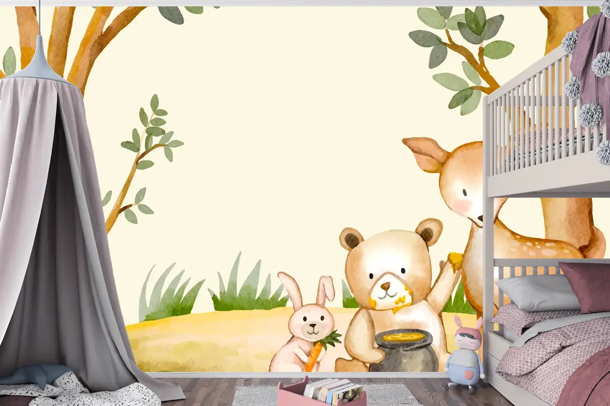Suluboya Orman Hayvanları Arka Plan Çocuk Odası Duvar Kağıdı 
