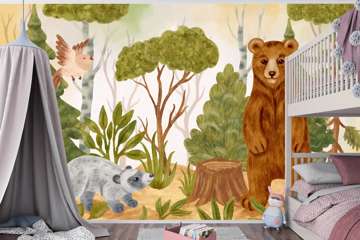 Suluboya Orman Hayvanları Arka Plan Çocuk Odası Duvar Kağıdı 