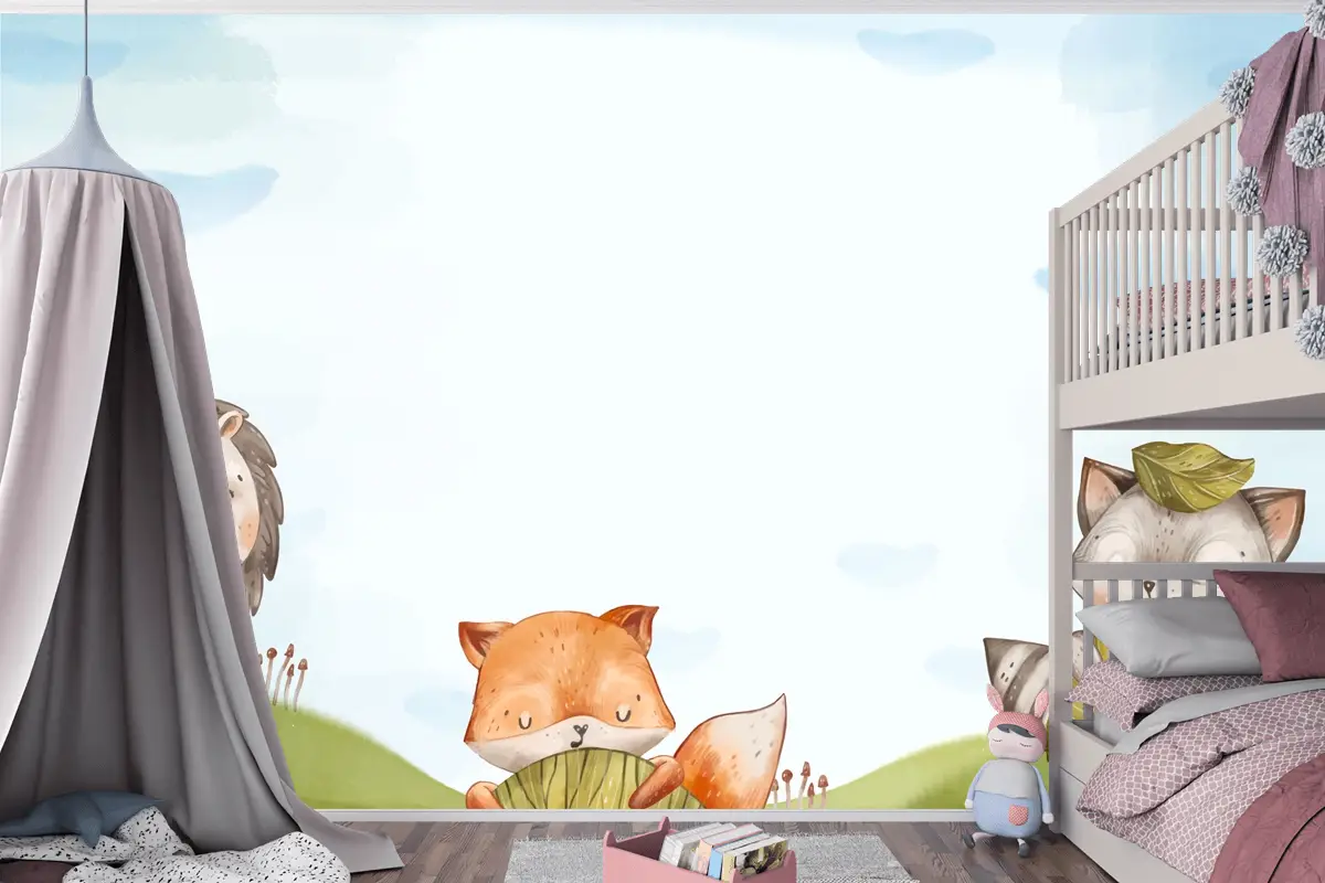Suluboya Orman Hayvanları Arka Plan Çocuk Odası Duvar Kağıdı 