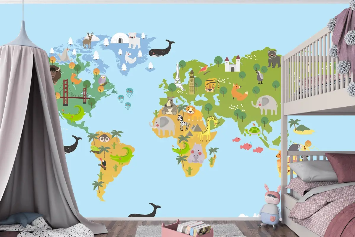 Hayvan Dünya Haritası Çocuk Odası Duvar Kağıdı