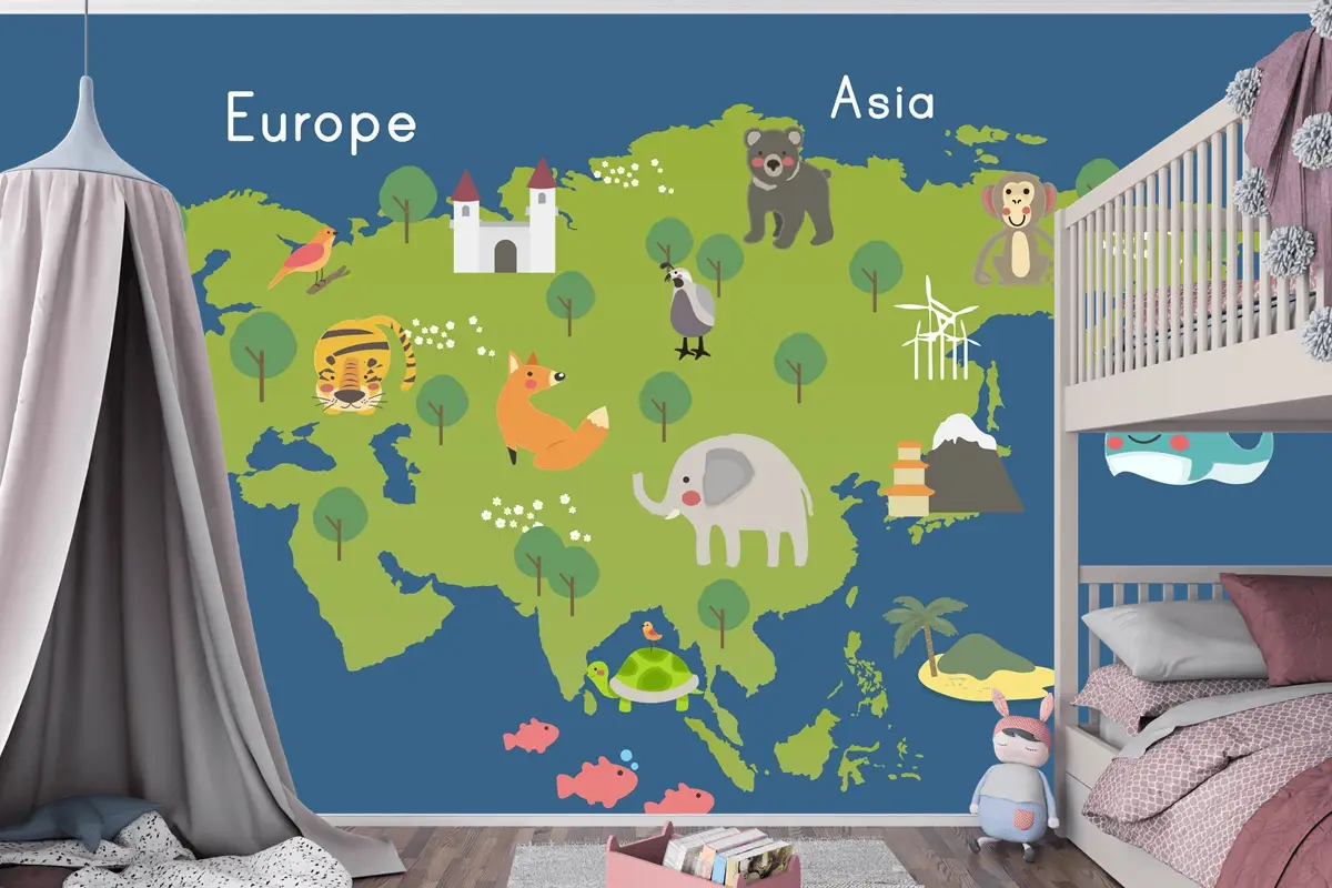 Yaban Hayatı Habitatlarının Çizim Stili Seti Çocuk Odası Duvar Kağıdı