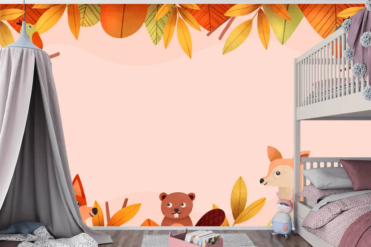 Suluboya Orman Hayvanı Ve Yaprakları Çocuk Odası Duvar Kağıdı 