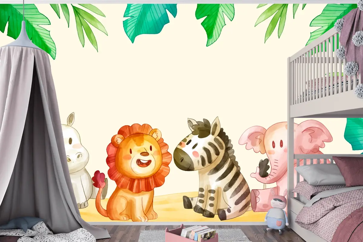 Suluboya Safari Arka Plan Çocuk Odası Duvar Kağıdı 