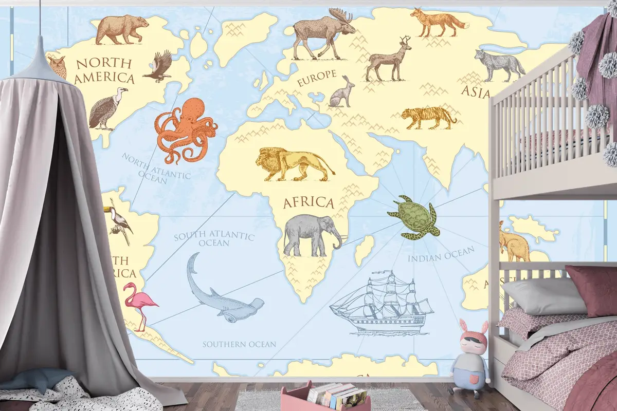 Vahşi Hayvanlarla Vintage Dünya Haritası Çocuk Odası Duvar Kağıdı