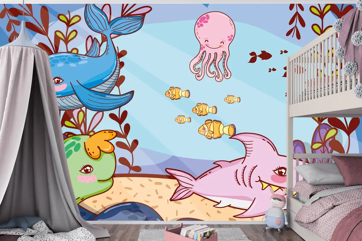 Deniz Yosunu Bitkileri Ile Sevimli Deniz Hayvanları Çocuk Odası Duvar Kağıdı