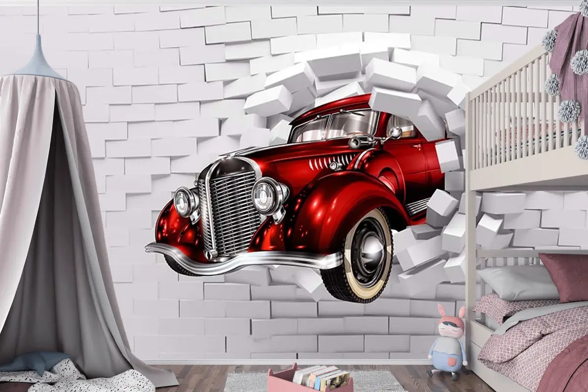 3D Boyutlu Duvardan Çıkan Kırmızı Araba Çocuk Odası Duvar Kağıdı