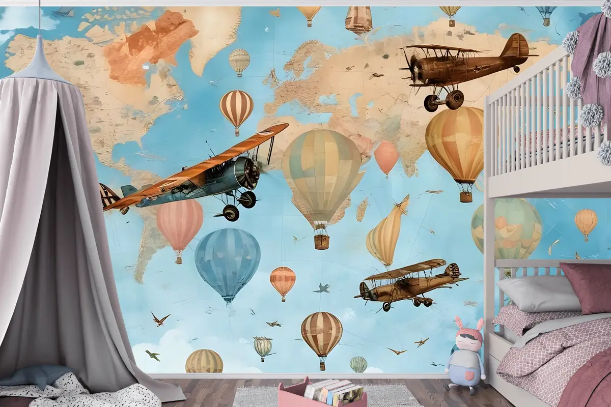 Sıcak Hava Balonu Çocuk Odası Duvar Kağıdı  Ile 3D Görünümlü Çocuk Dünya Haritası