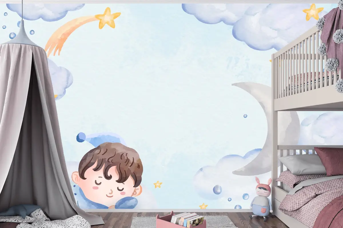 Suluboya Erkek Bebek Arka Plan Çocuk Odası Duvar Kağıdı 