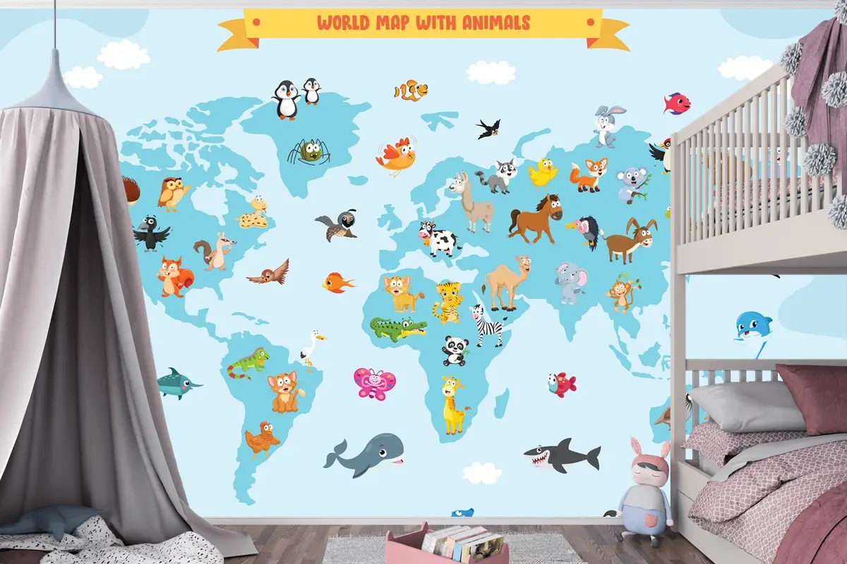 Karikatür Hayvanlı Dünya Haritası Çocuk Odası Duvar Kağıdı