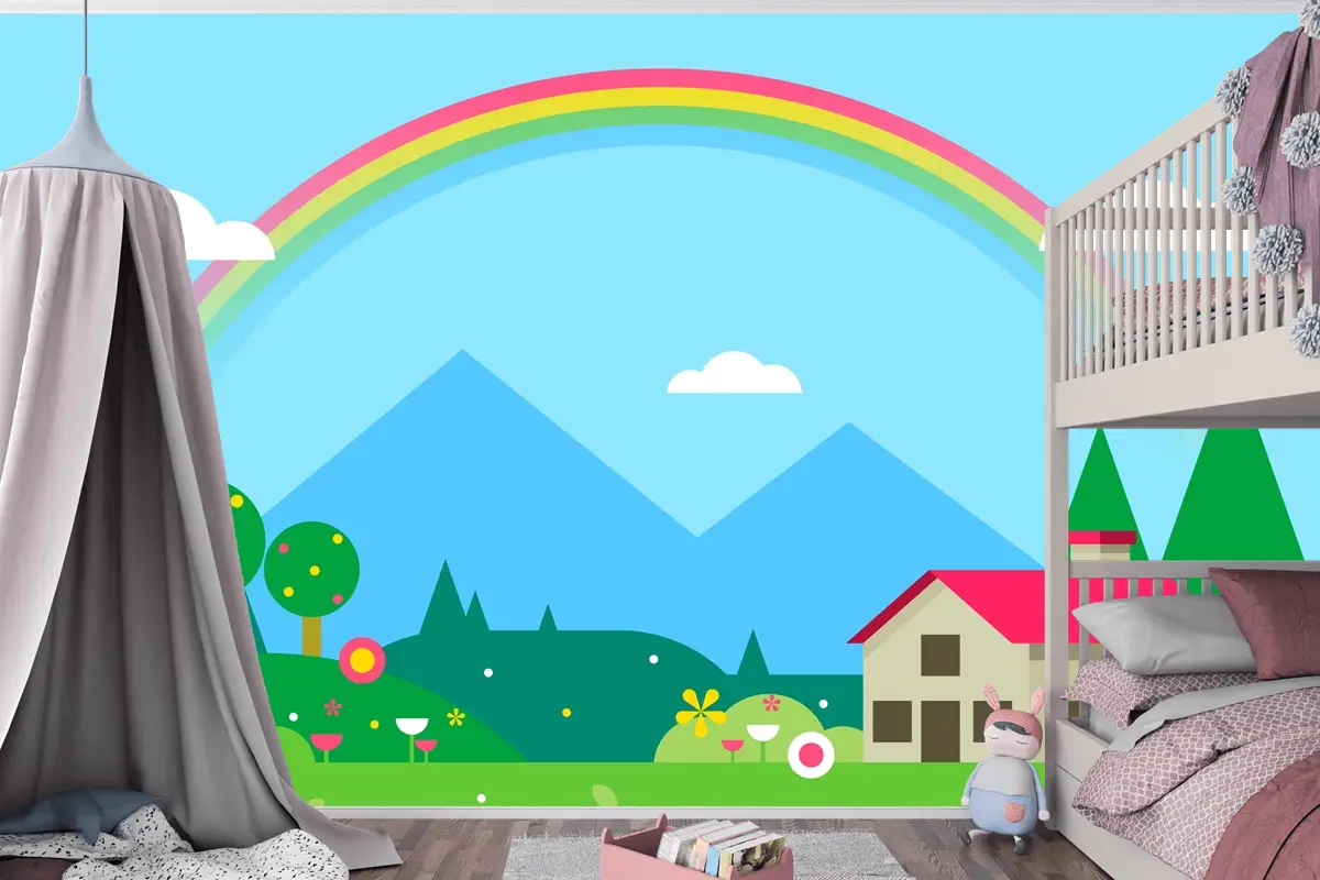 Ev Ve Gökkuşağı Çocuk Odası Duvar Kağıdı  Ile Bahar Manzarası