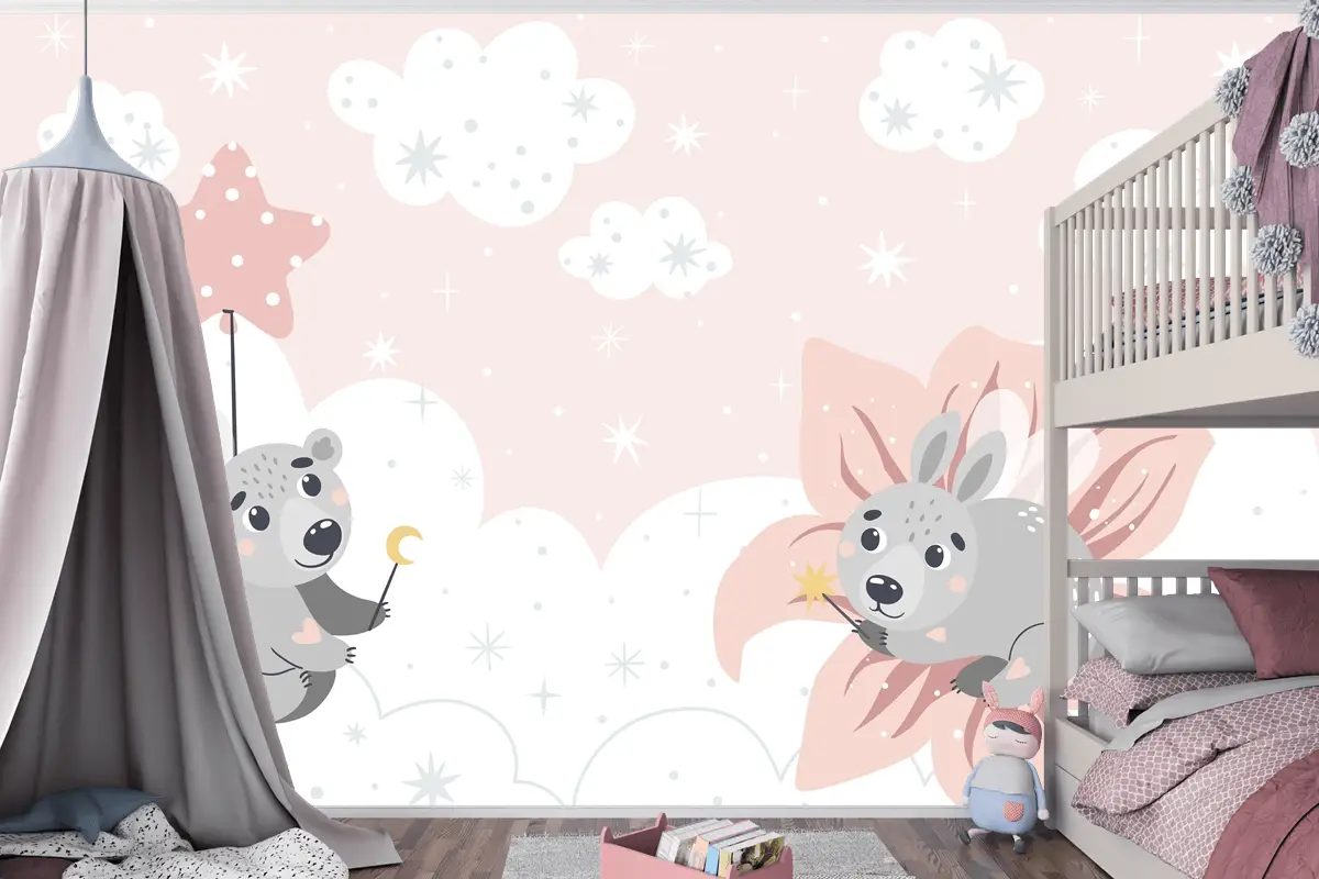 Bulutların Üzerinde Sevimli Masal Hayvanları Çocuk Odası Duvar Kağıdı Yazdırmaya Uygun