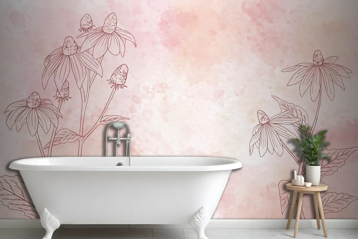 Tek Renkli Banyo Duvar Kağıdı Suluboya Çiçek Arkaplan