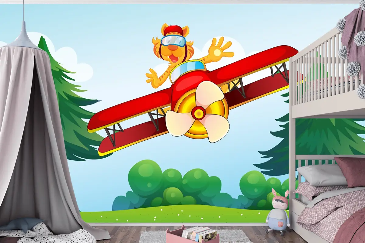 Uçağa Binen Övünen Kaplan Çocuk Odası Duvar Kağıdı