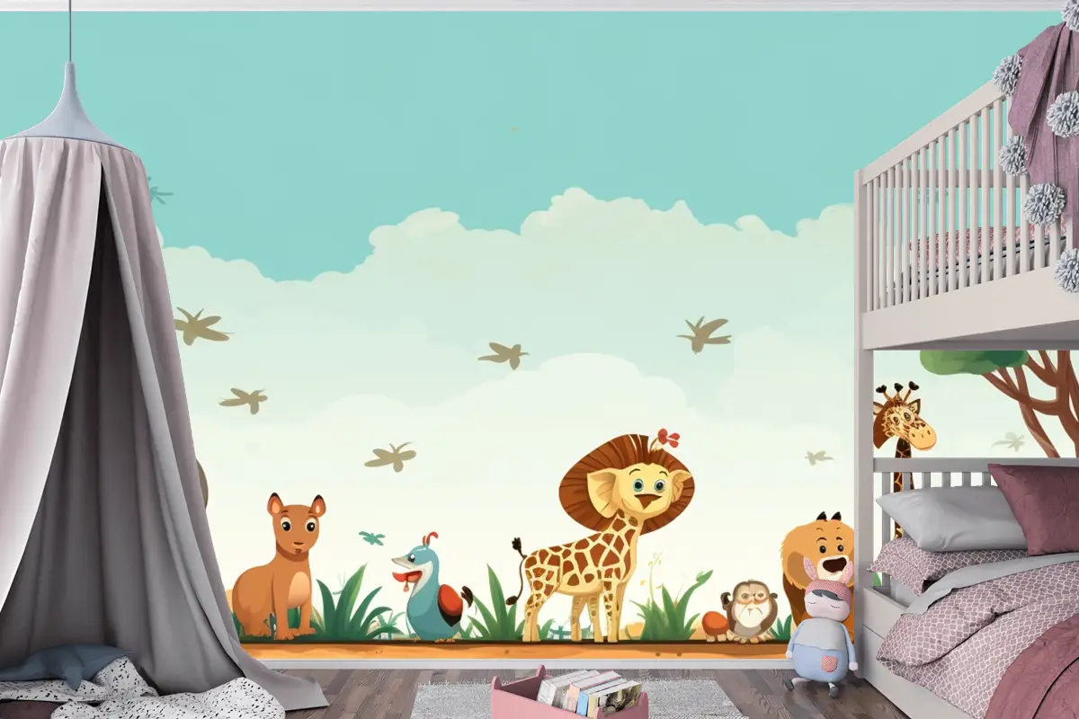 Hayvanların Bulunduğu Bir Tarlada Zürafalar Ve Zürafaların Karikatürü Çocuk Odası Duvar Kağıdı