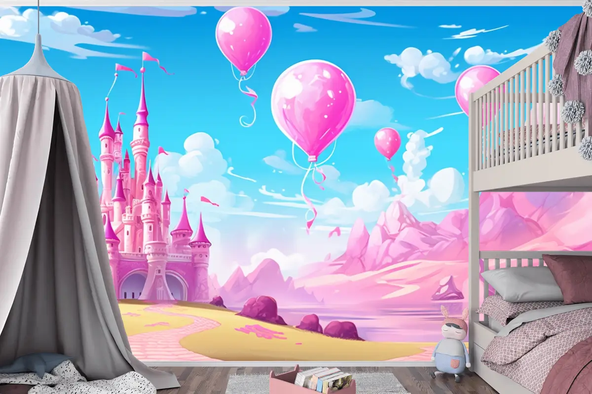 Balonlu Kale Ve Arka Planda Kale Çocuk Odası Duvar Kağıdı