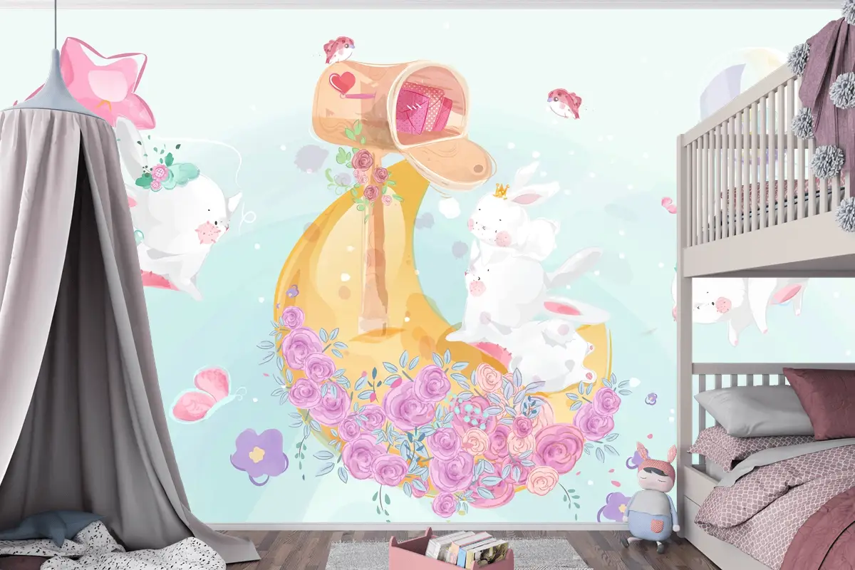 Renkli Suluboya Tarzında Sevimli Küçük Tavşan Çocuk Odası Duvar Kağıdı