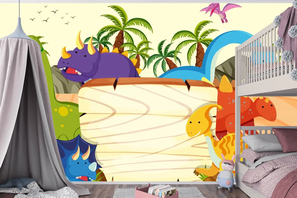 Bir Dinozor Ahşap Tahta Şablonu Çocuk Odası Duvar Kağıdı 