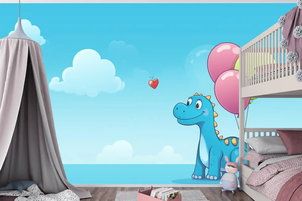 Gökyüzünde Balonları Olan Bir Ejderha Ve Çocuk Odası Duvar Kağıdı Nde Bir Kalp