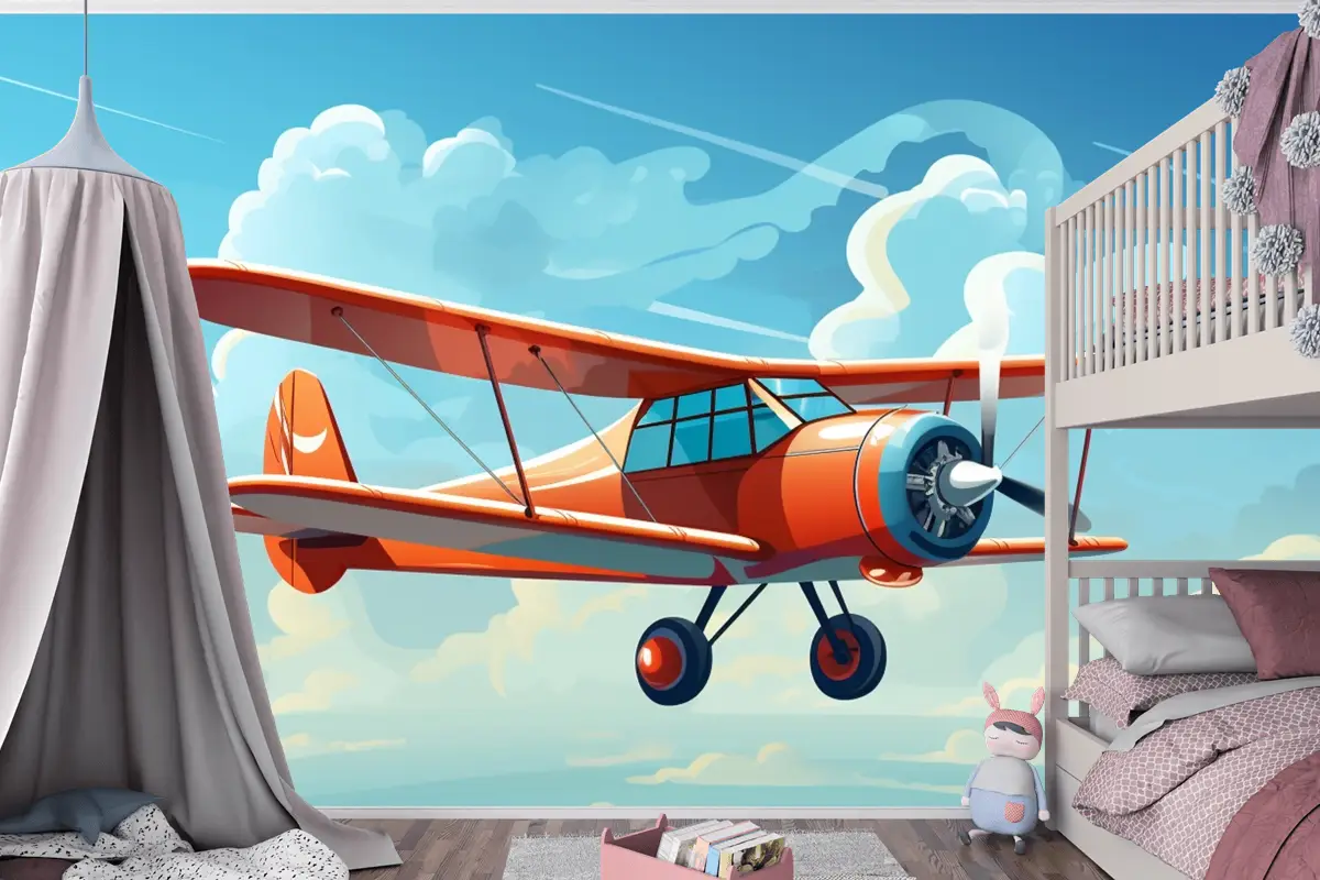 Önünde Pervaneden Alıntı Sözlerinin Bulunduğu Kırmızı Bir Uçağın Çizimi Çocuk Odası Duvar Kağıdı