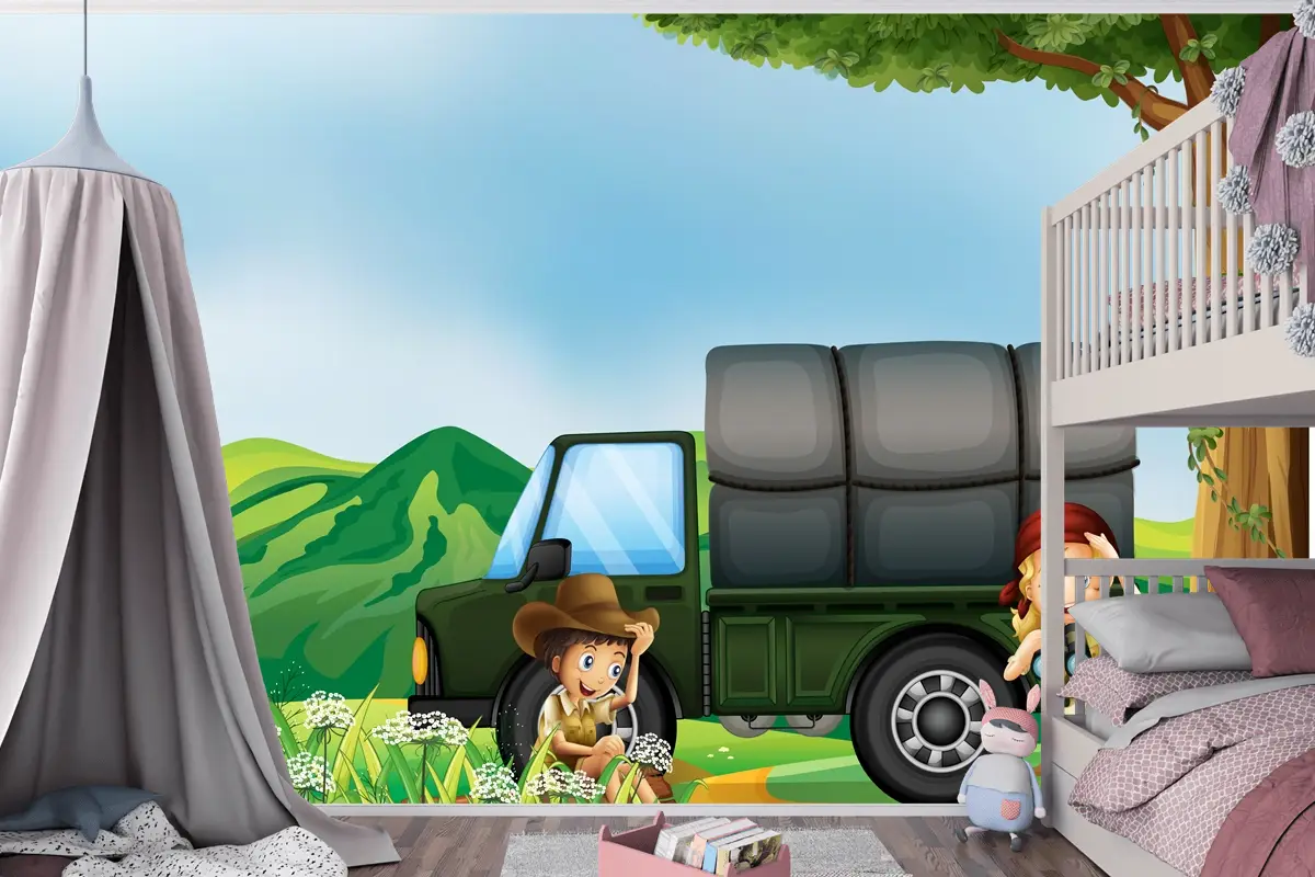 Yeşil Kamyonun Yanında Bir Kız Ve Bir Erkek Çocuk Odası Duvar Kağıdı