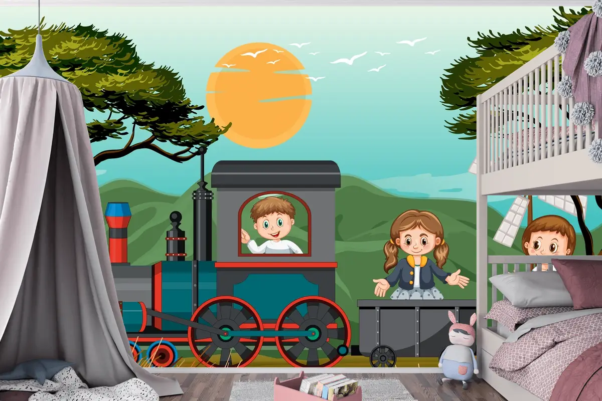 Doğal Sahneli Trende Bir Çocuk Bebek Odası Duvar Kağıdı