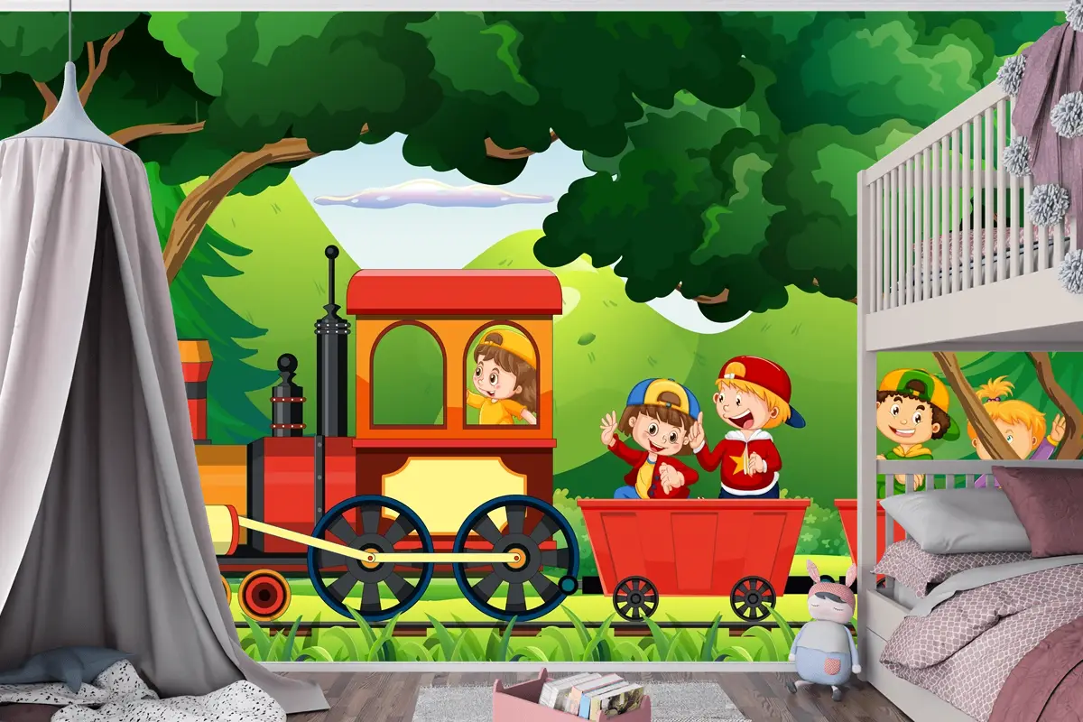 Doğal Sahneli Trendeki Çocuklar Çocuk Odası Duvar Kağıdı