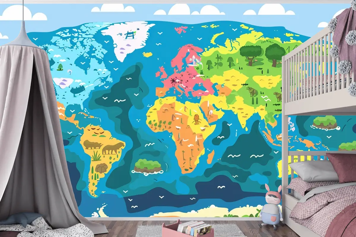 Üzerinde "Dünyadan Alıntı" Sözlerinin Bulunduğu Dünya Haritası Çocuk Odası Duvar Kağıdı