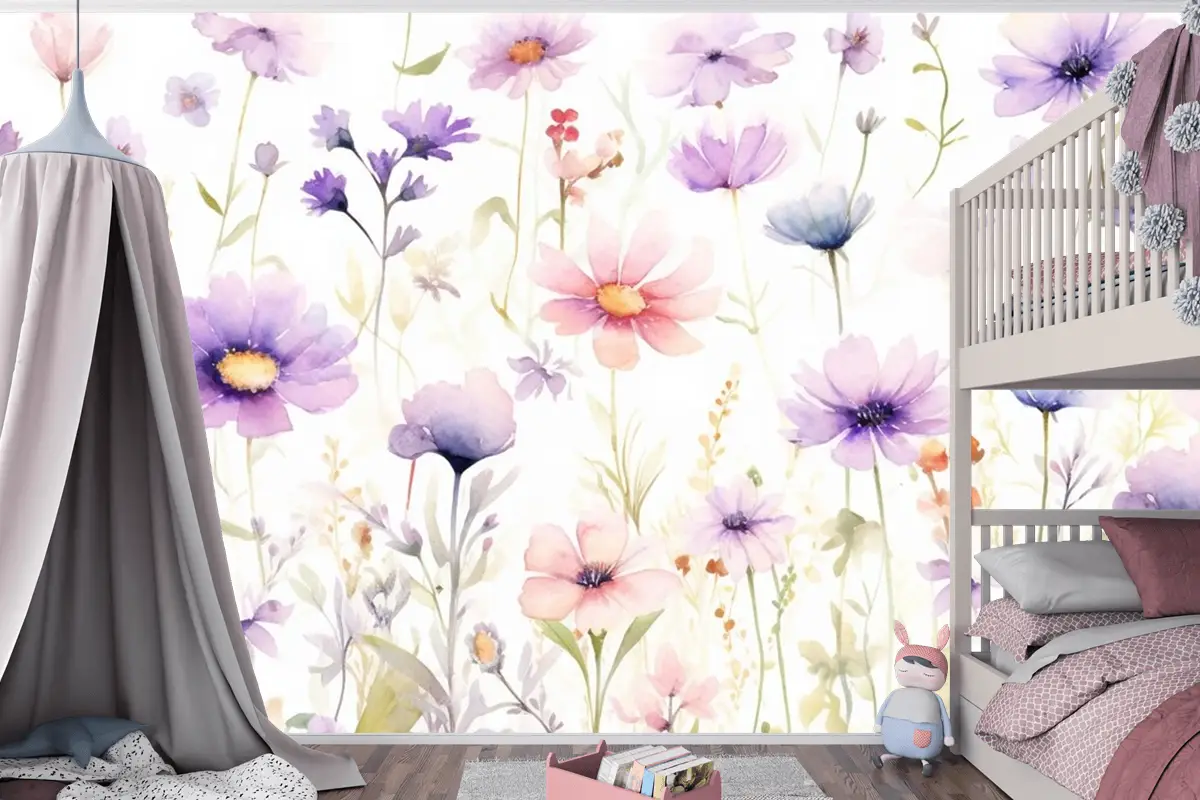 Beyaz Zemin Üzerine Bir Demet Çiçek Tablosu Çocuk Odası Duvar Kağıdı