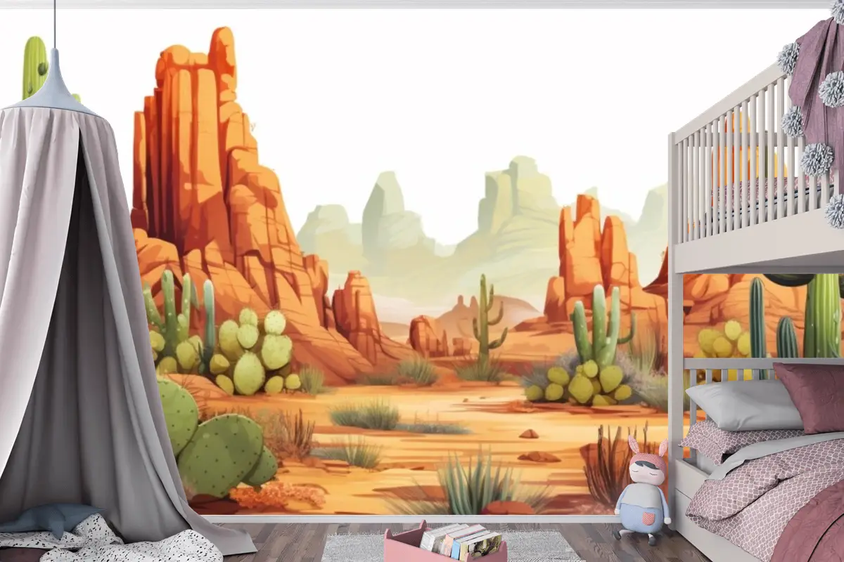 Kaktüs Ve Çöl Manzarası Çocuk Odası Duvar Kağıdı  Ile Bir Çöl Manzarası Tablosu