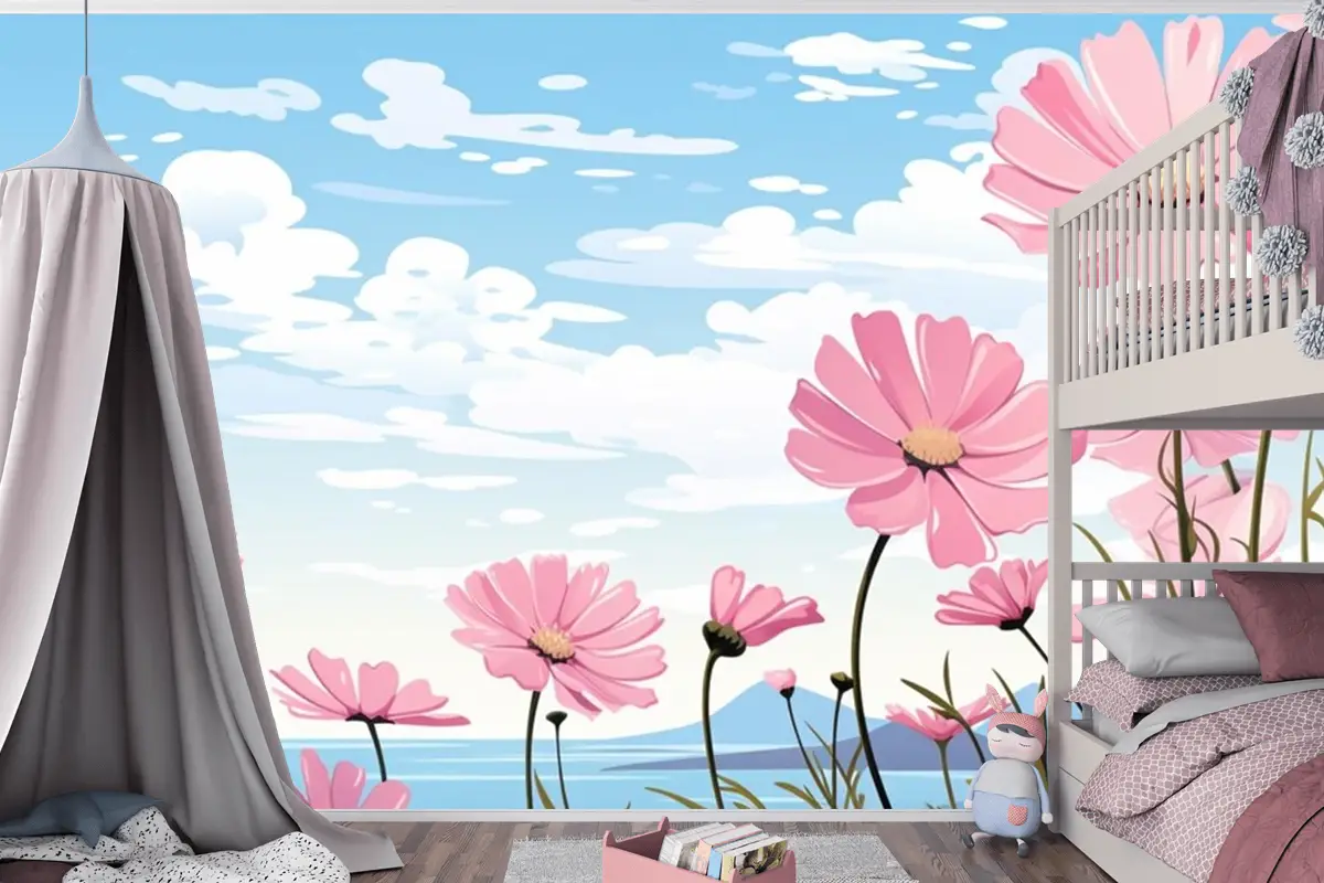 Papatyalar Çocuk Odası Duvar Kağıdı Ile Gökyüzünde Pembe Çiçeklerden Oluşan Bir Tablo